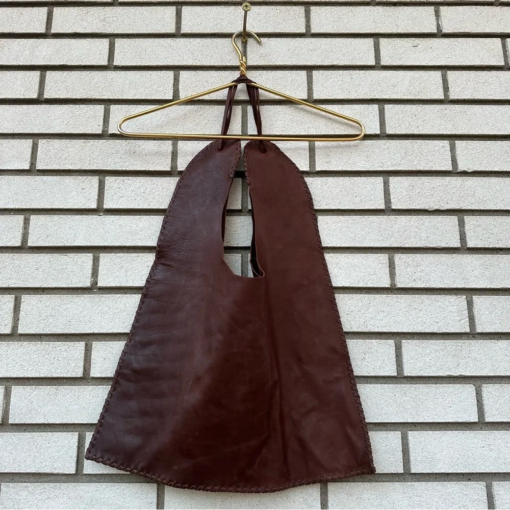 Handmade Brown Leather Beaded Shoulder Bag Tote Purse Whipstitch Edge Tie Straps
